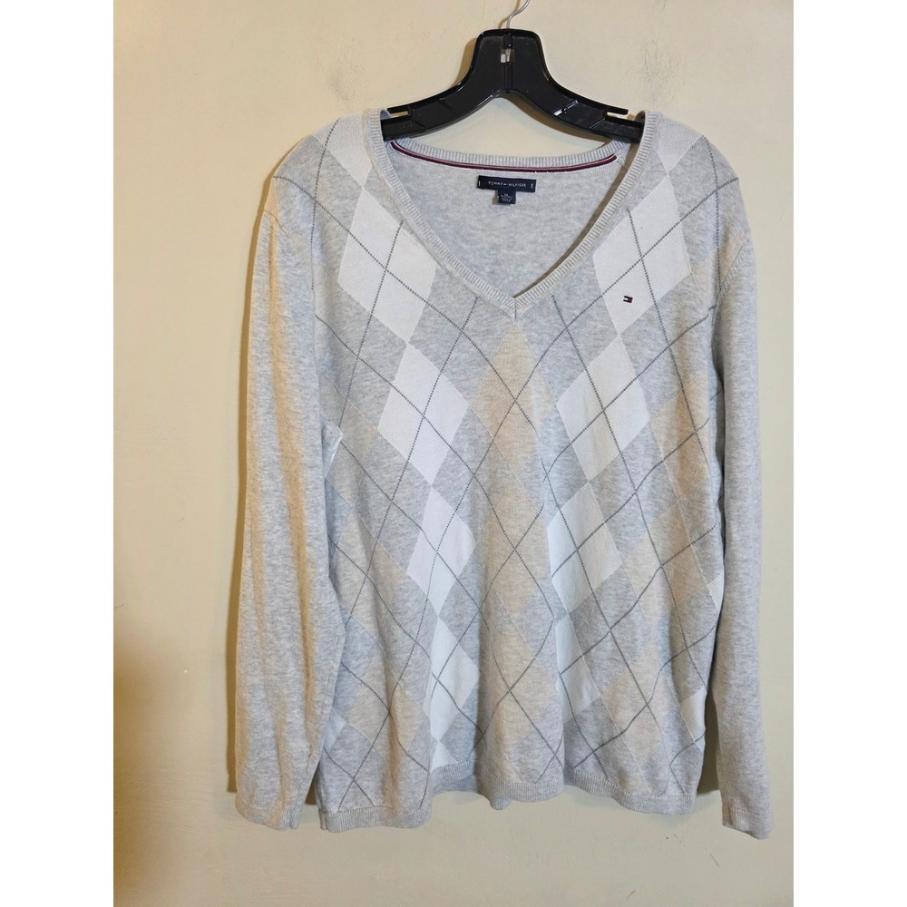 Tommy Hilfiger Mens XL Grey White Argyle V-Neck‎ Long Sleeve Knit Sweater Preppy